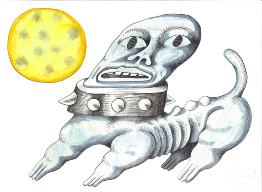 032 - "Human Pug Barking at the Moon" Watercolor Painting by Jim Mooijekind