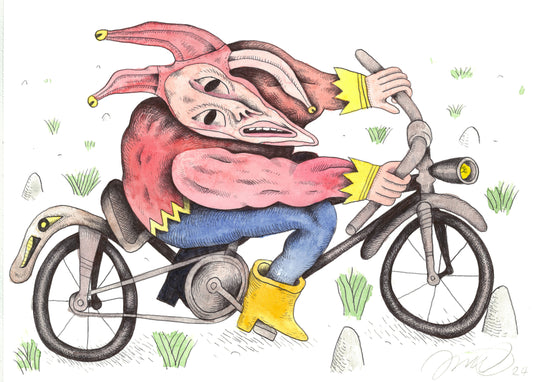 033 - "Jester on Bike" Watercolor Painting by Jim Mooijekind